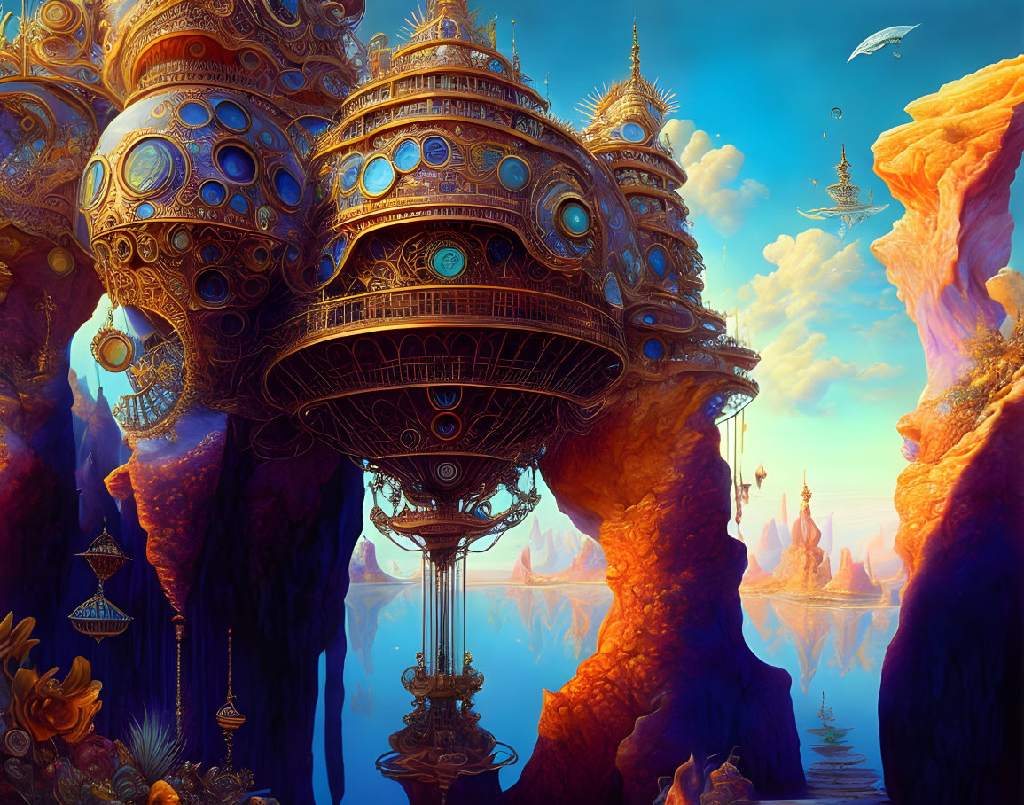 Floating city with golden domes above rugged cliffs in serene blue surroundings