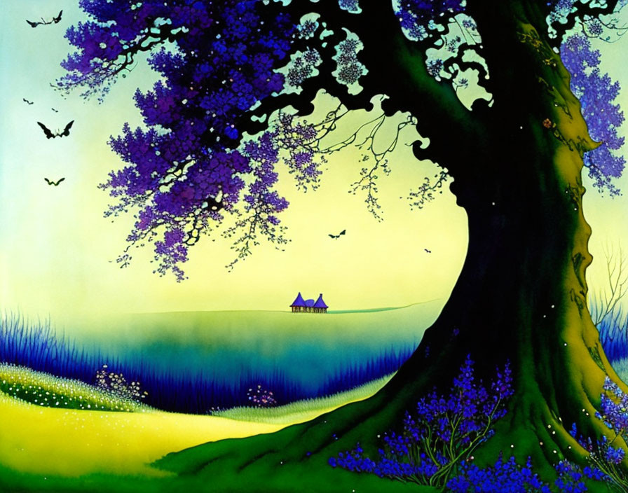 Colorful painting: tree with purple leaves, birds, boat on calm waters, yellow to blue sky