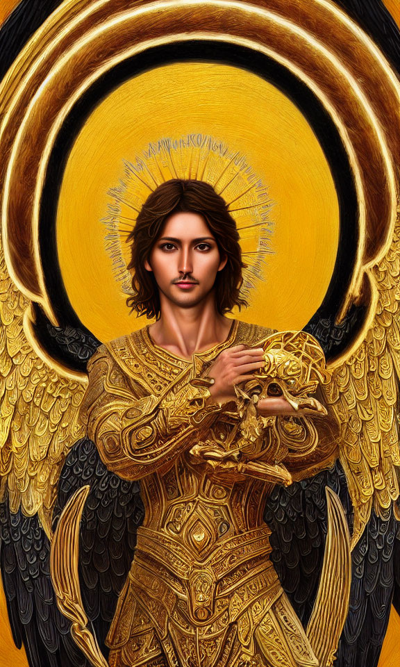 Figure with Angelic Wings in Golden Armor and Halo on Yellow Background