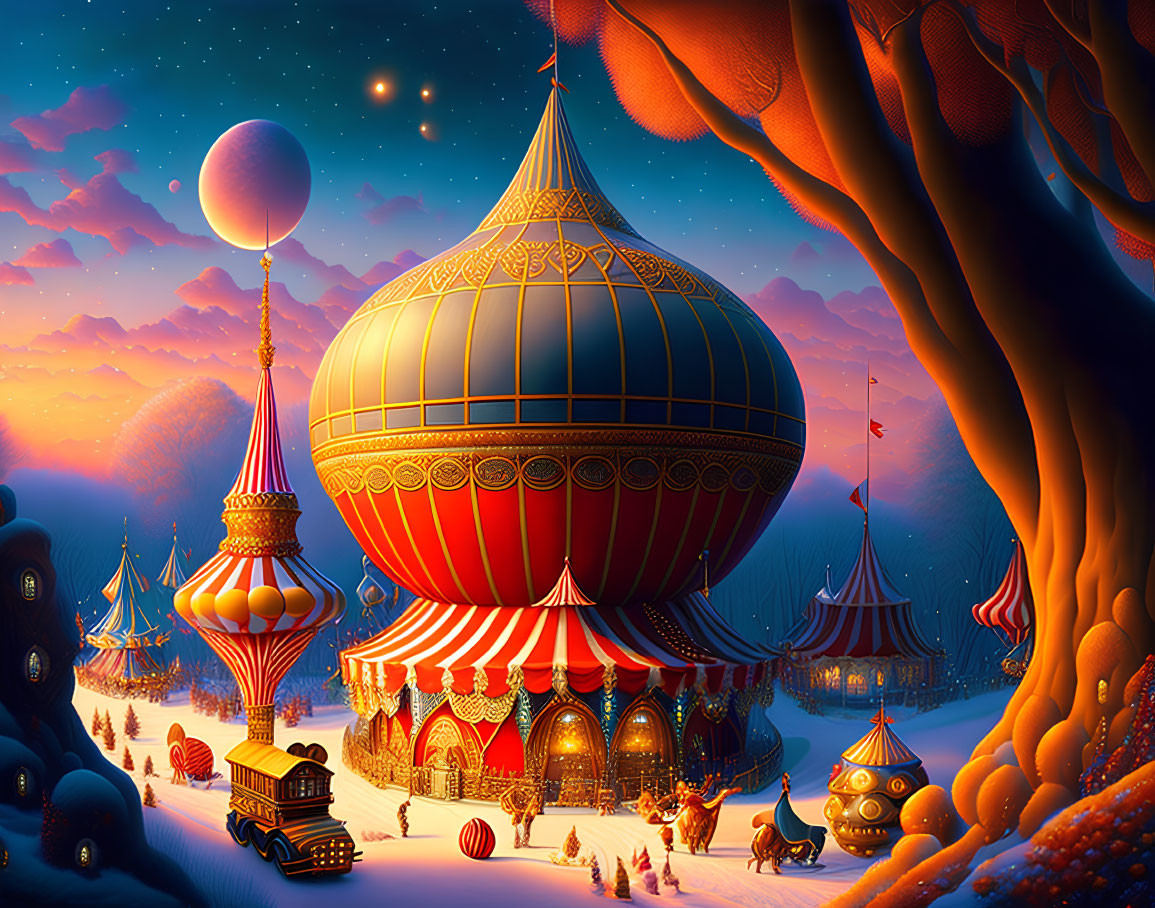 Fantastical winter circus scene with vibrant tents and hot air balloons