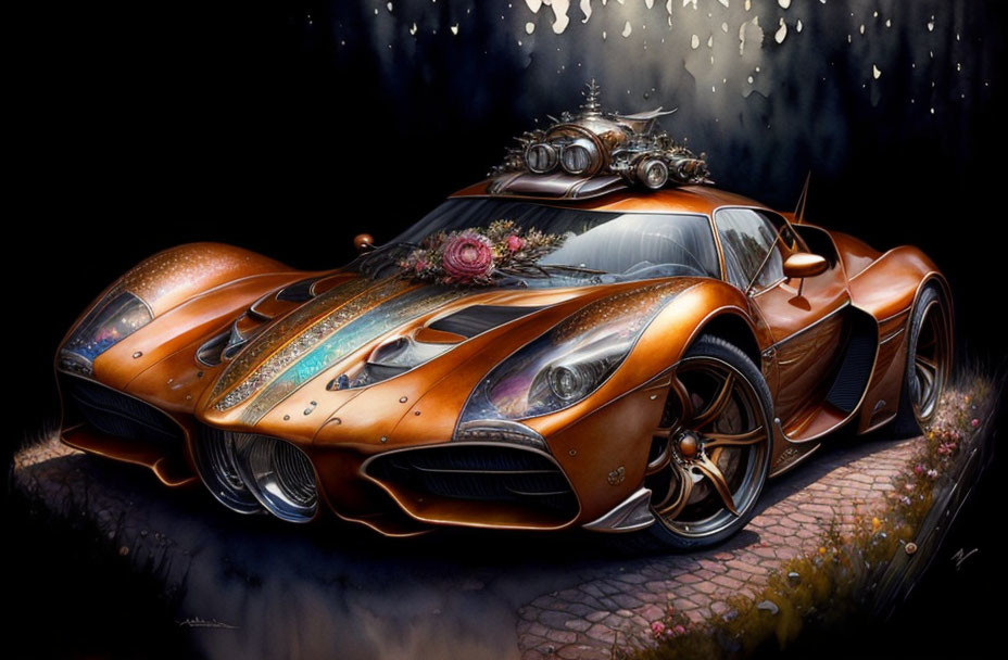 Fantasy-style steampunk car illustration with metallic details and bouquet under starry sky