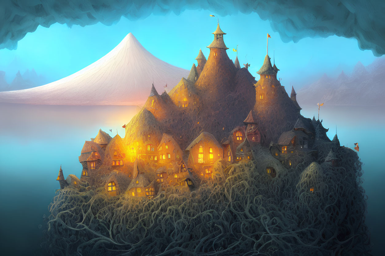 Enchanting village scene: illuminated houses on hill, forest, twilight sky, snow-capped mountain