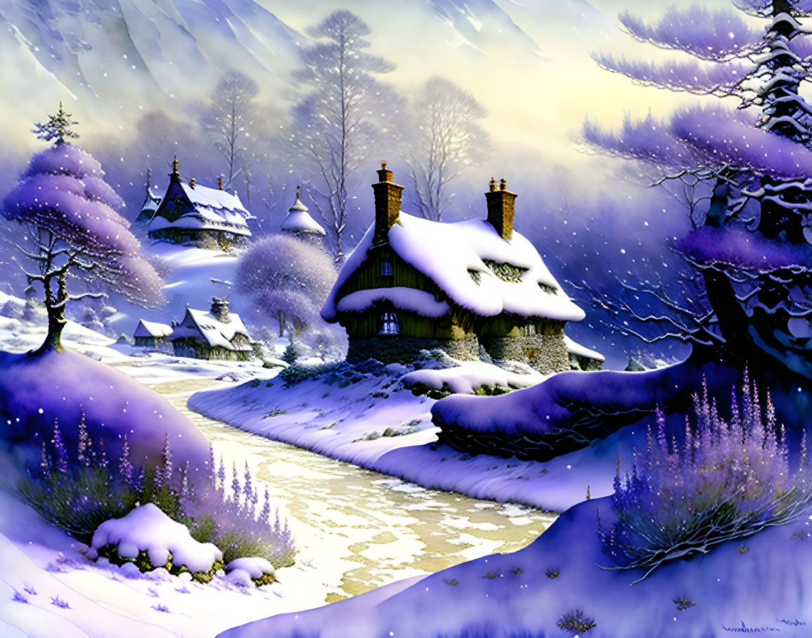 Snow-covered cottages, frozen river, trees, lavender plants in twilight winter scene