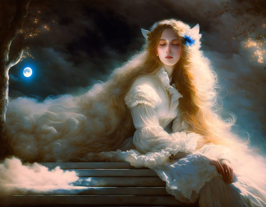 Elf-like woman in Victorian attire on bench under blue moon