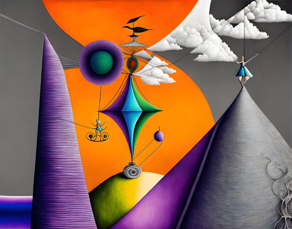 Colorful geometric shapes, cyclist on tightrope, kites, clouds.