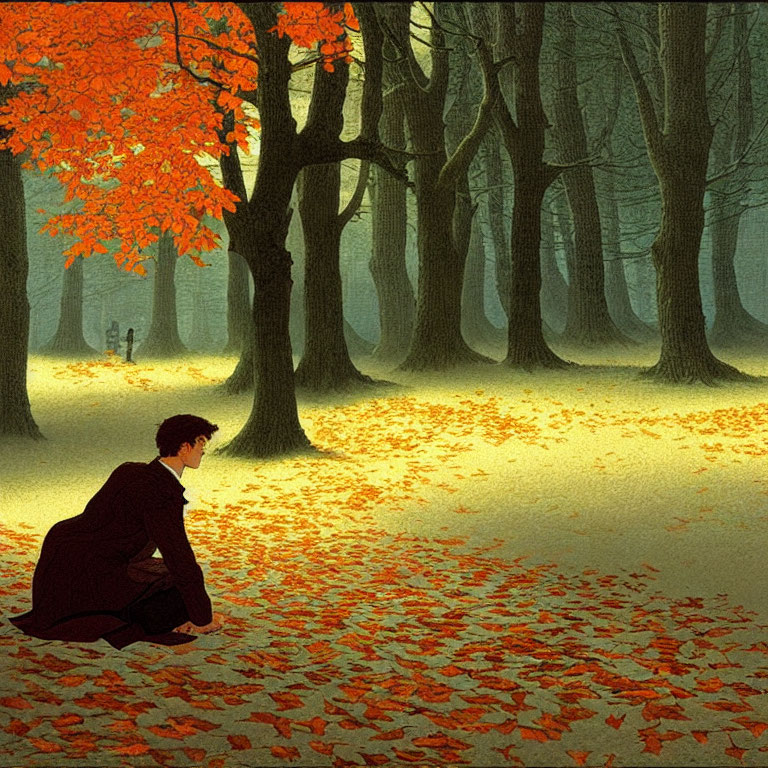 Person Contemplating Autumn Forest Scene