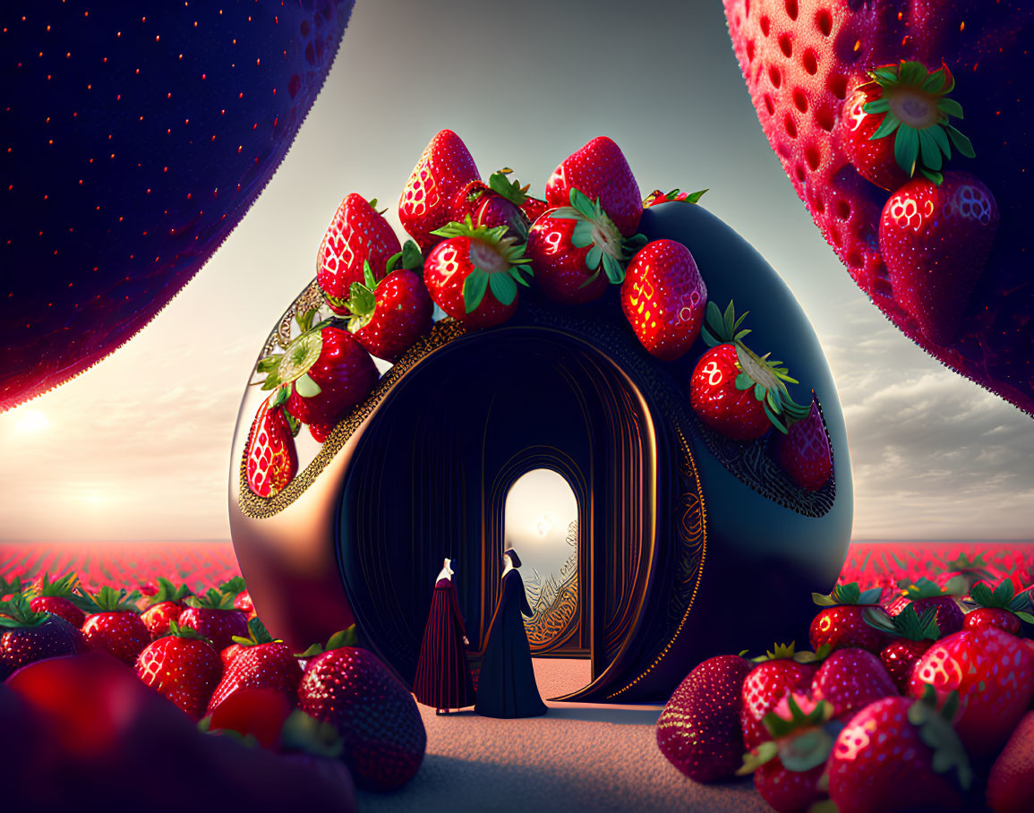 Surreal scene: ornate doorway in giant strawberry field