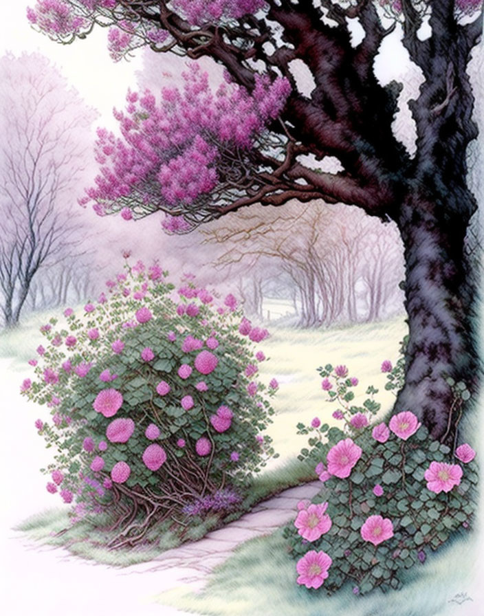 Tranquil pink tree and shrub in misty pastel landscape