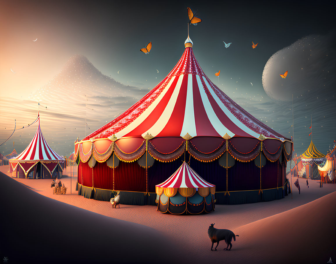 Desert circus illustration with striped tents and floating lanterns