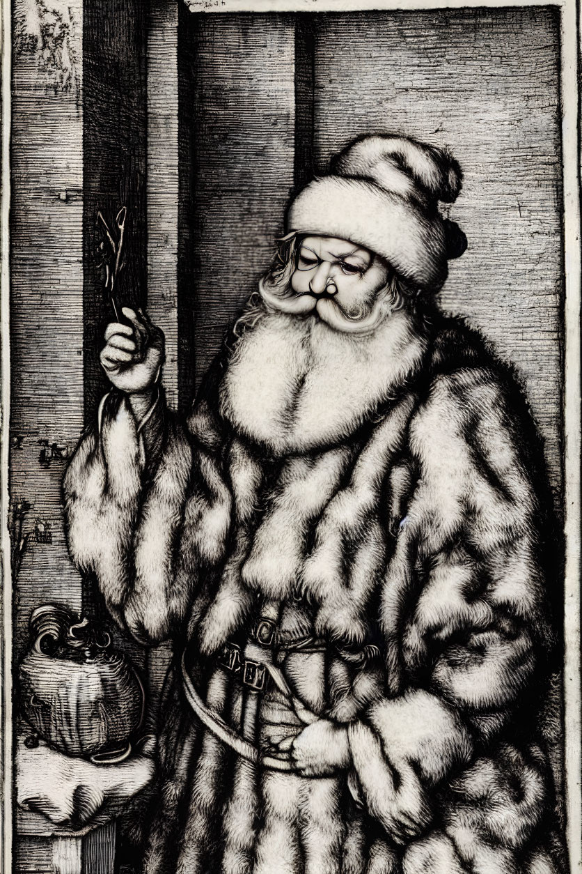 Detailed Santa Claus illustration with fur-lined coat and twig next to wooden door