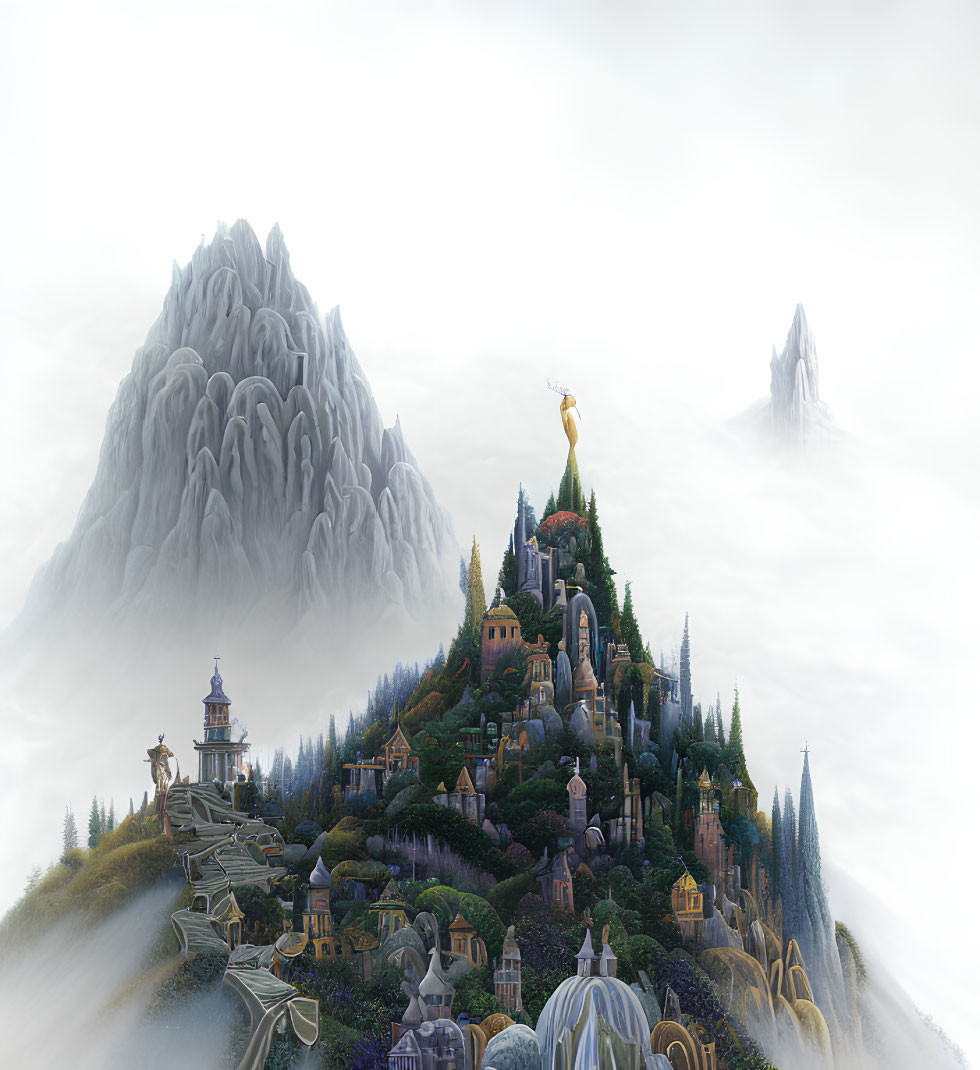 Majestic mountain landscape with village, towers, and figure in clouds