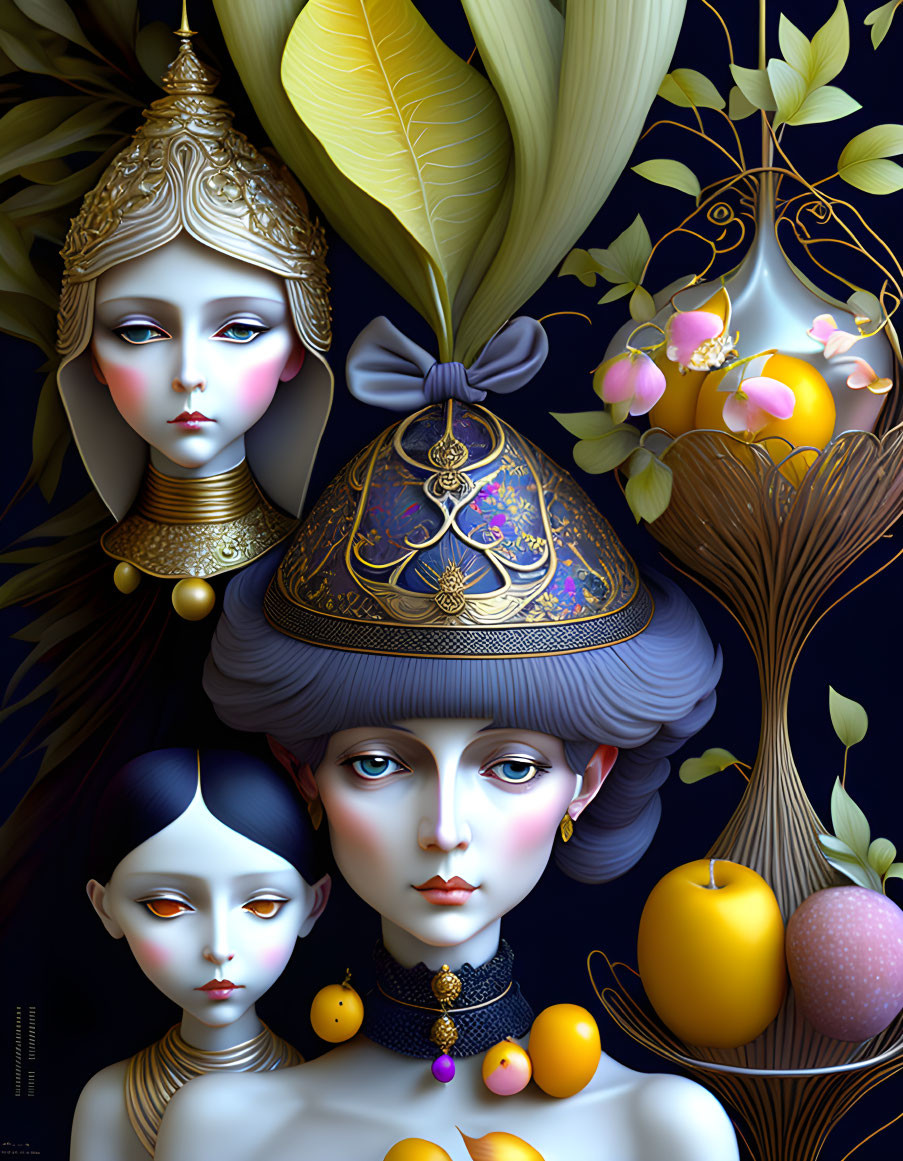 Stylized female figures with intricate headdresses and golden foliage illustration