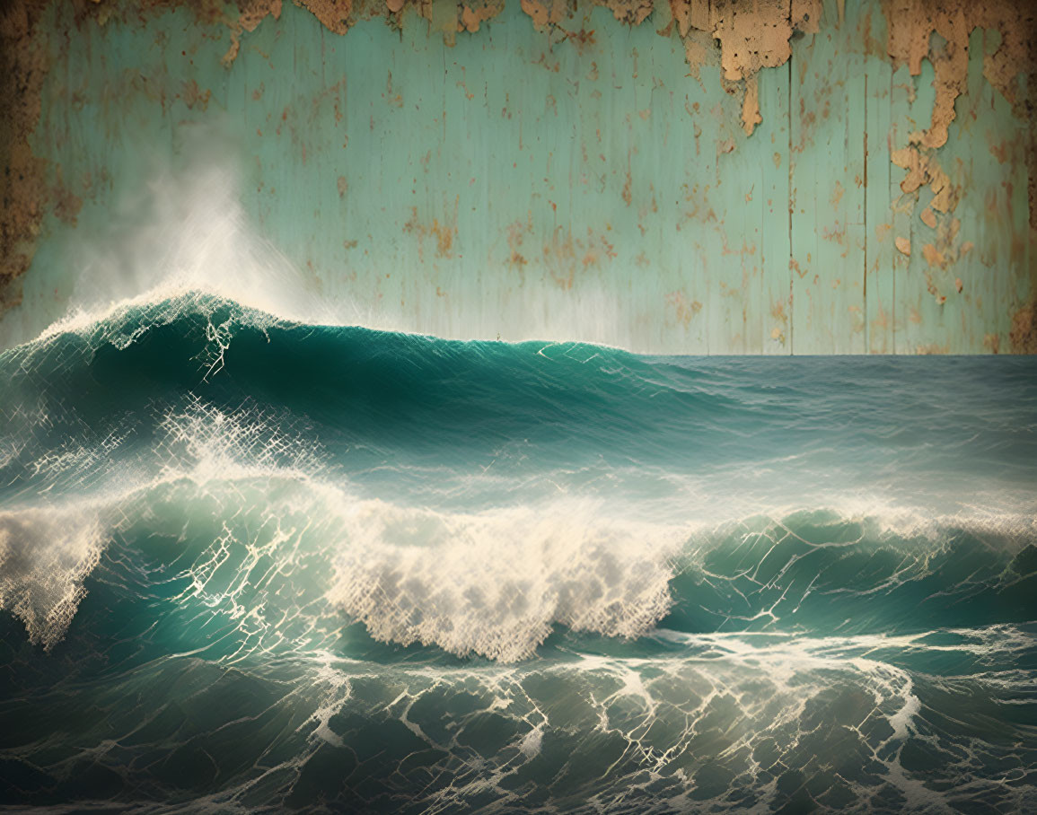 Realistic digital art: Ocean wave meets rusty metal wall fusion.