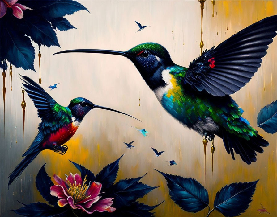 Vibrant hummingbirds in flight amidst lush foliage and golden backdrop