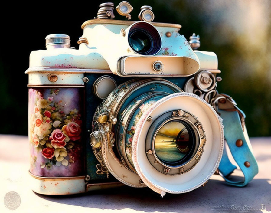 Vintage-Style Decorated Camera with Floral Patterns and Painted Lens