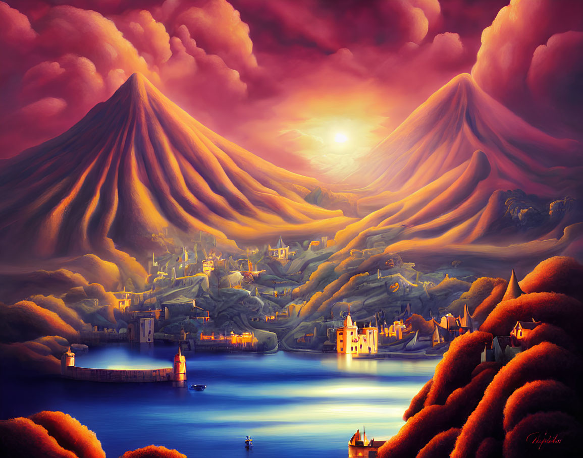 Surreal landscape: Sunset between volcanoes, castle town, autumn foliage