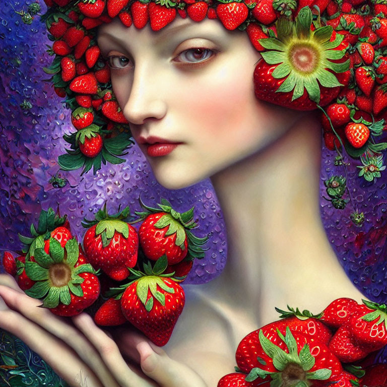 Portrait of Woman with Strawberries and Leaves on Purple Floral Background