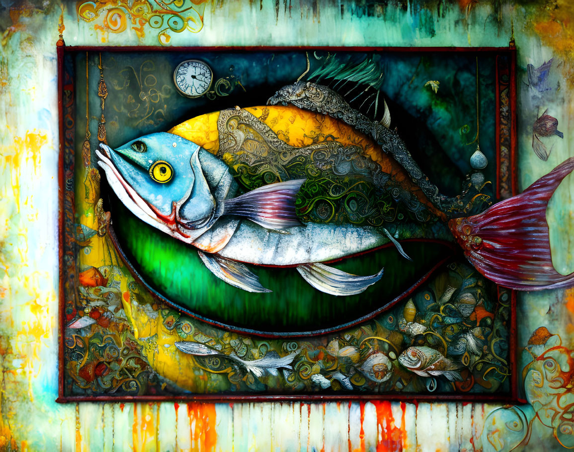 Colorful surreal artwork: Large fish with yellow eyes and intricate patterns among marine creatures