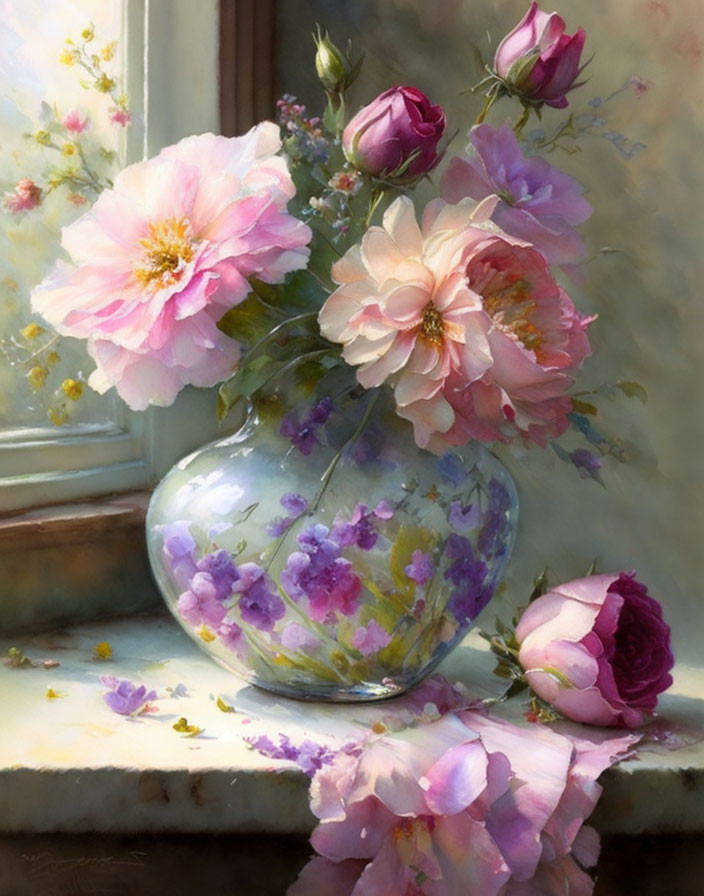 Pink roses in translucent vase with floral patterns under soft light