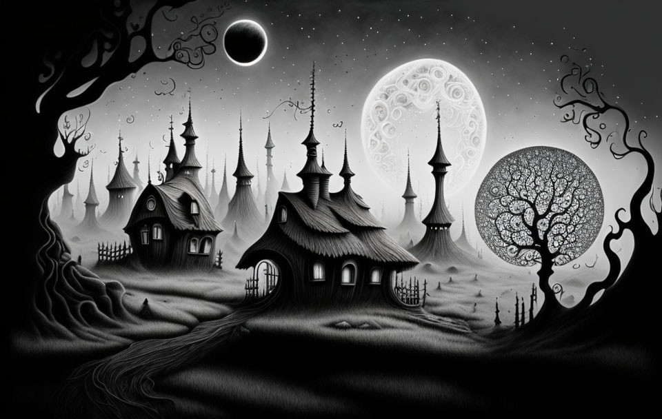 Surreal Black-and-White Landscape with Whimsical Elements