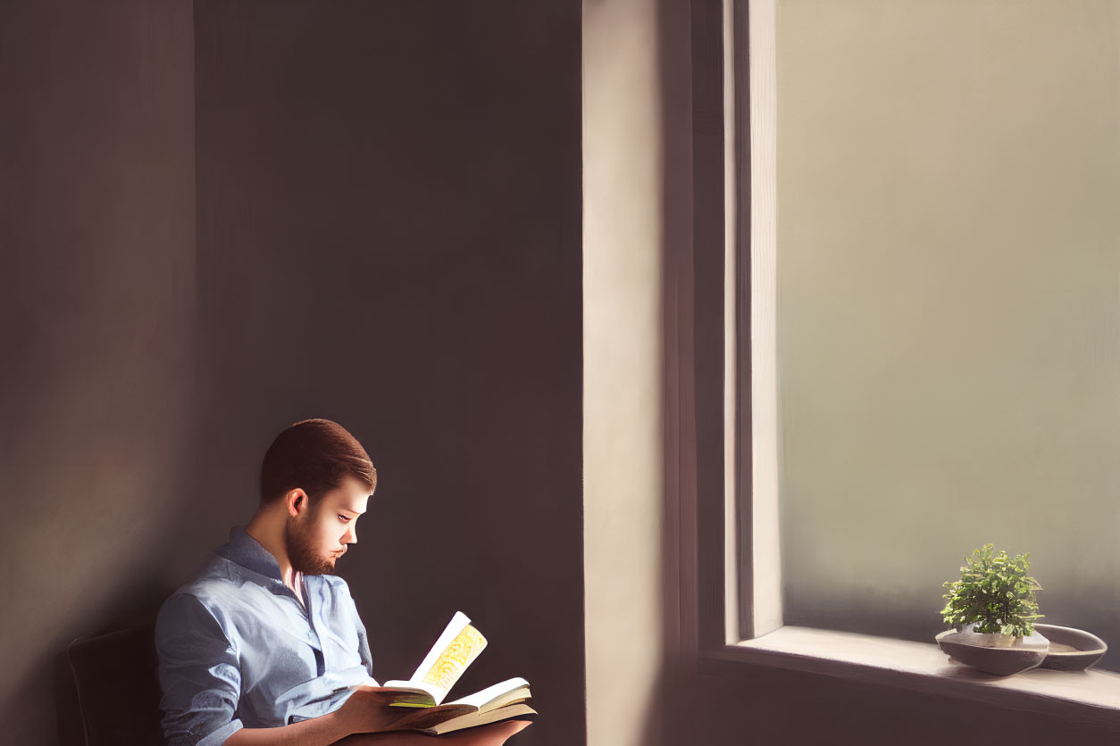 Person reading book by window in serene room with potted plant