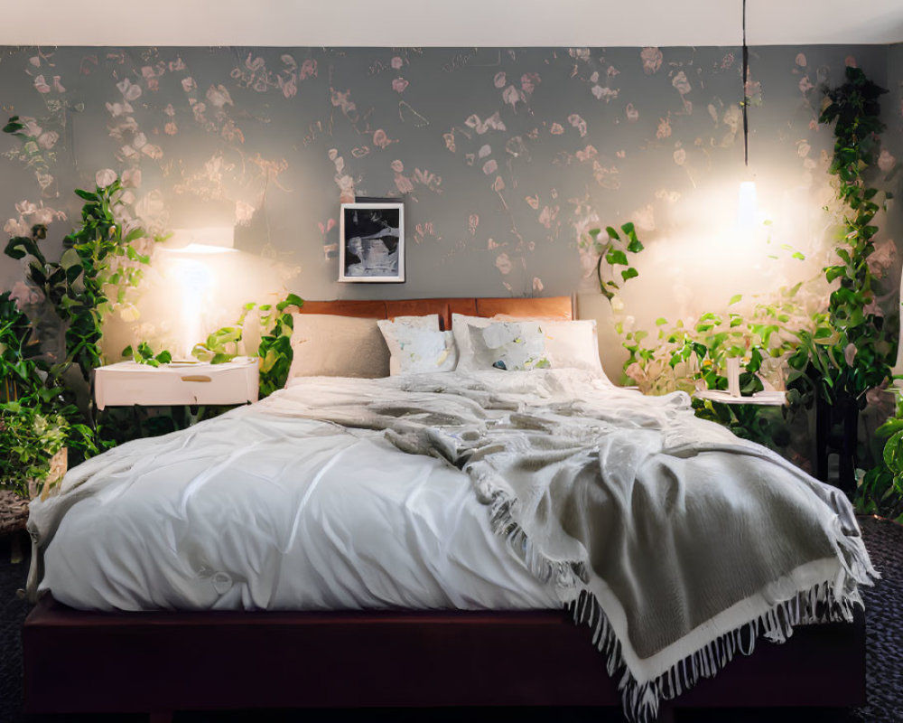 Floral wallpaper bedroom with double bed and plants