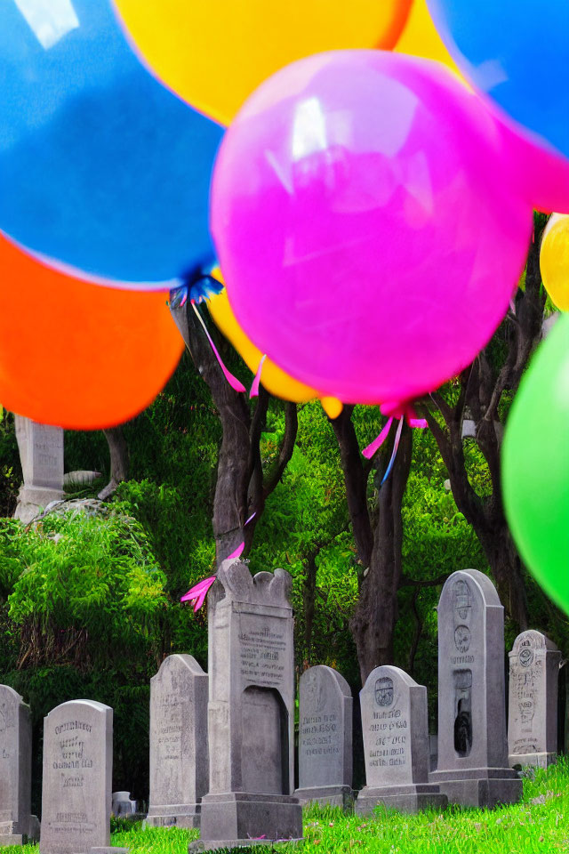 Colorful balloons against cemetery backdrop showing celebration and solemnity contrast.