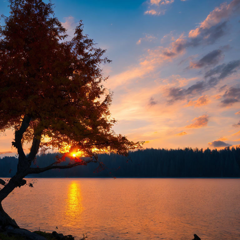 Golden sunset reflecting on calm lake with tree silhouette.