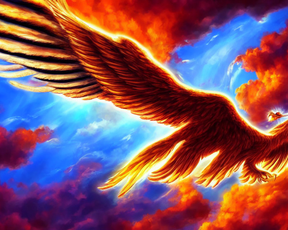 Majestic Phoenix Flying with Fiery Wings in Vibrant Sky