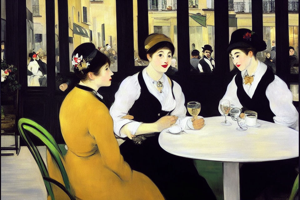 Elegantly dressed women chatting at outdoor café table