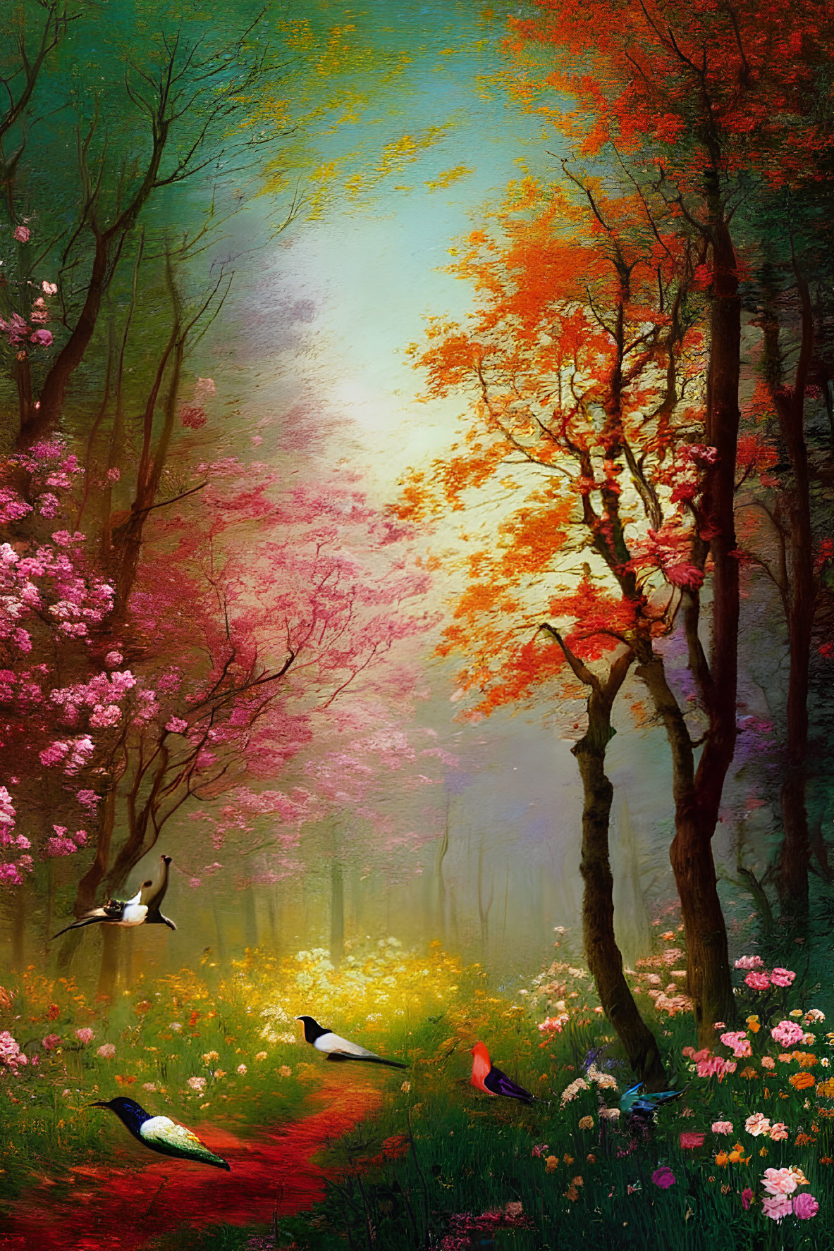 Colorful woodland scene with pink and orange blossoming trees and yellow wildflowers