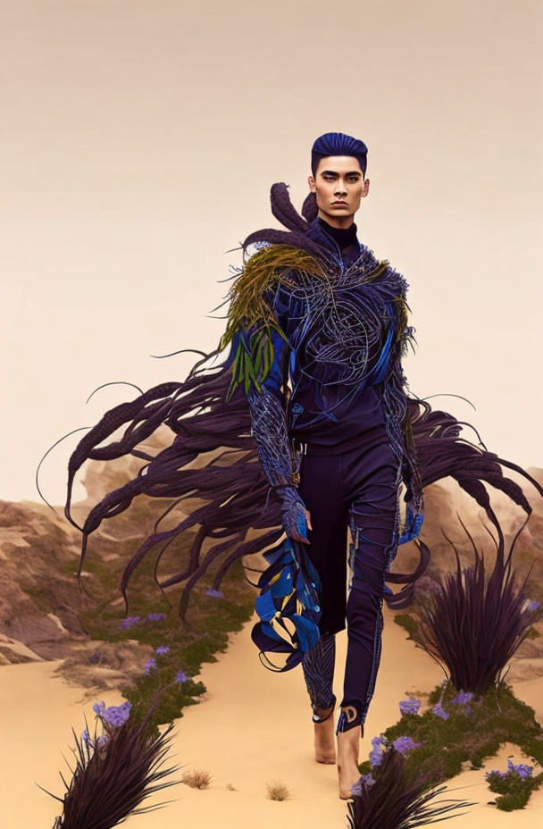 Model in Blue Avant-Garde Outfit on Sandy Terrain with Purple Flora