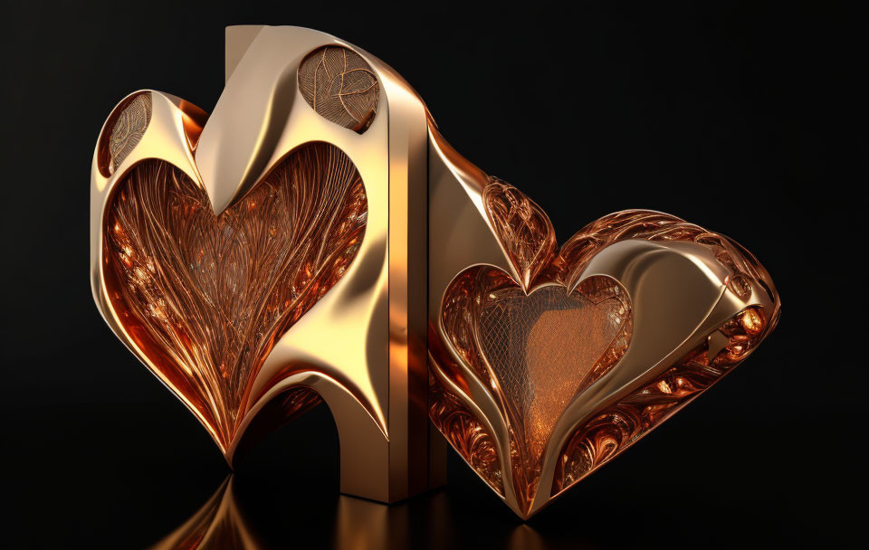 Interwoven golden heart sculptures on reflective black surface