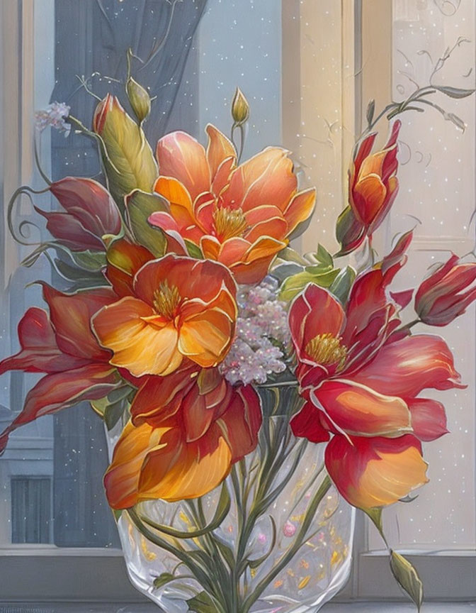 Orange Tulips Bouquet in Clear Vase by Window with Soft Light