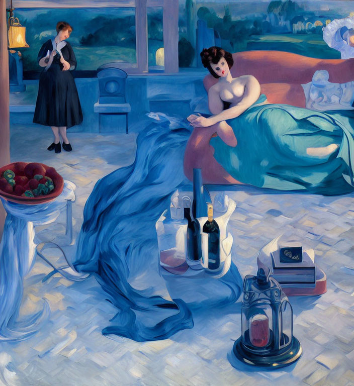 Two women in a night room with green dress, violin, bottles, lantern, and fruit bowl.