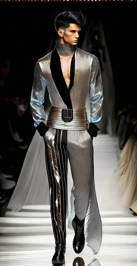 Fashion model in metallic silver top, striped pants, and choker accessory.