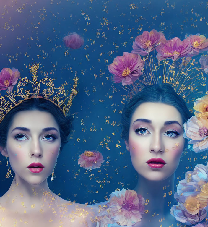 Two women with golden crowns and floral motifs in pink flowers on dark blue.