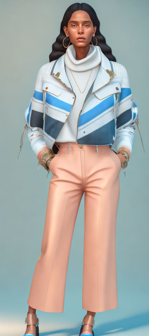 3D illustration of woman in striped jacket and peach trousers