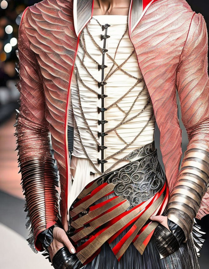 Avant-garde outfit with red jacket, white top, and metallic belt