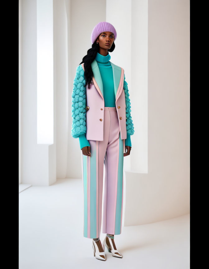 Fashionable woman in pastel coat and striped trousers in white room