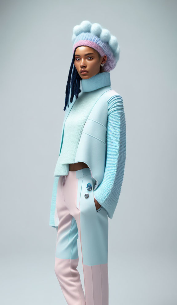 Blue dreadlocks person in matching pastel outfit on grey background