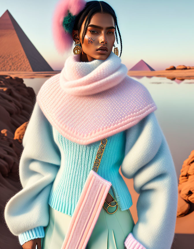 Stylish woman in exaggerated fashion poses in desert with pyramids