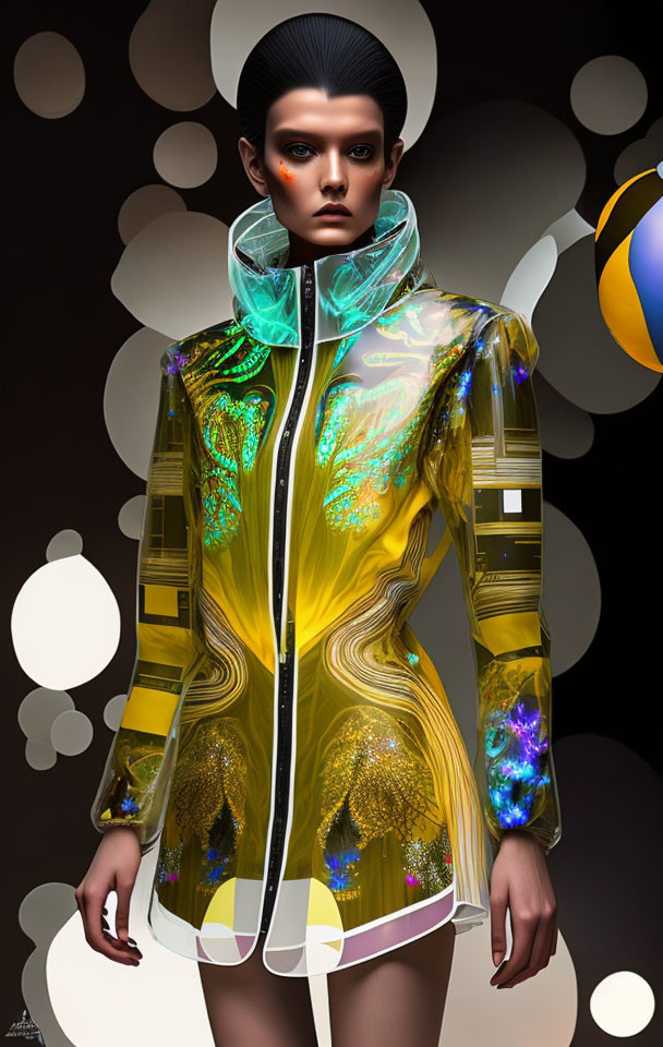 Futuristic translucent yellow jacket with reflective patterns on model