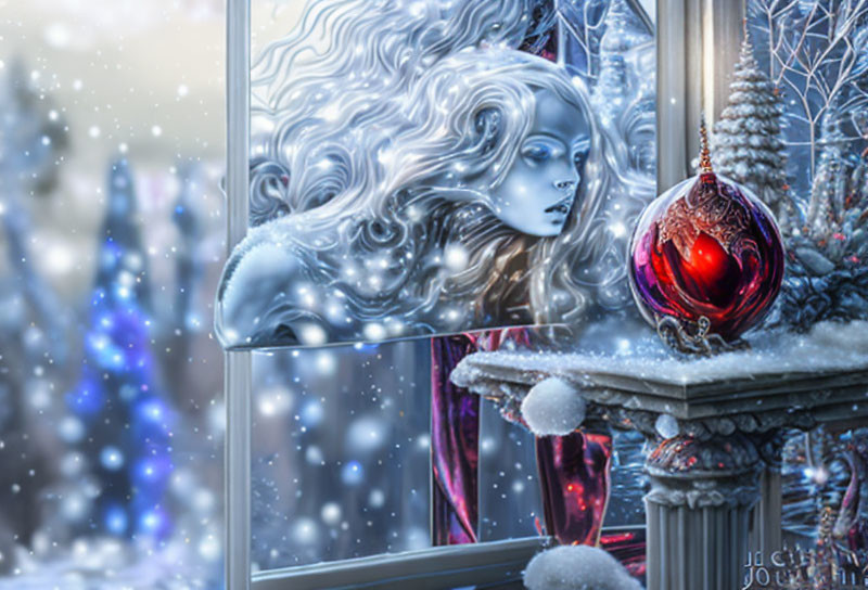 Surreal feminine ice sculpture with flowing hair by window and red Christmas ornament in snowy landscape