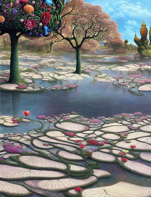 Surreal landscape with cherry blossom trees, lotus river, stone paths, & golden spires