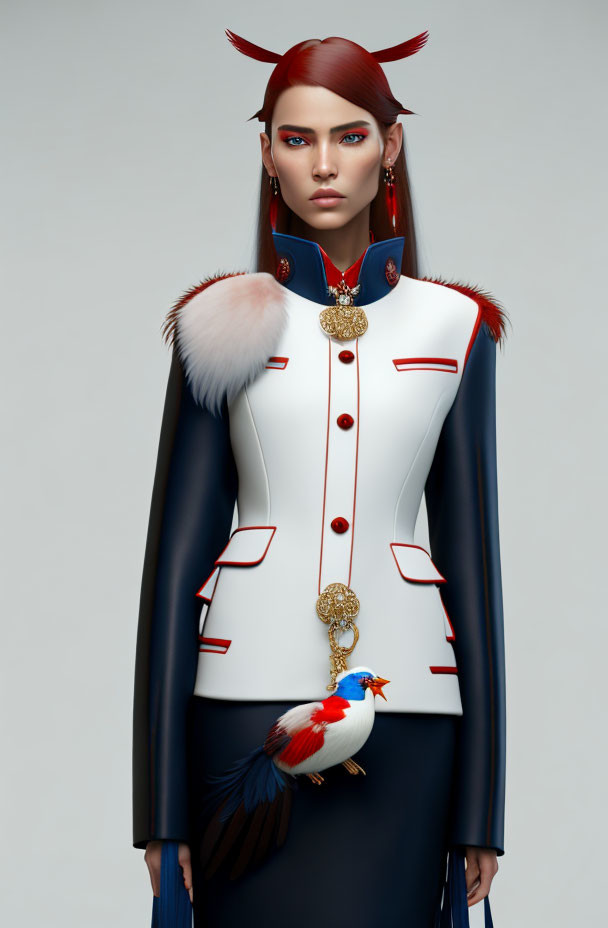 Digital artwork: Woman with red hair, horns, military coat, gold buttons, bird on hand