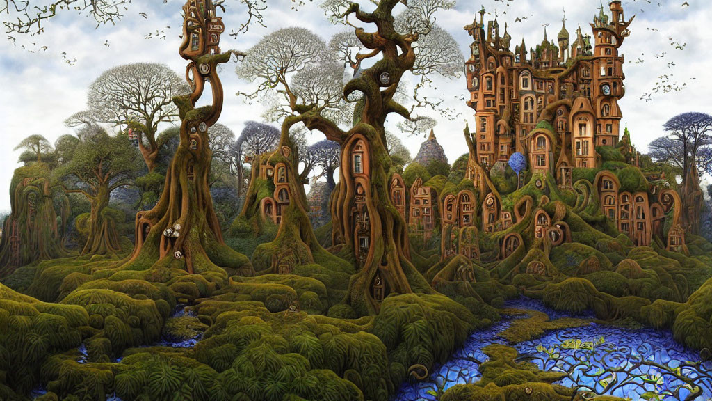 Enchanted forest with towering treehouses and castle by blue stream