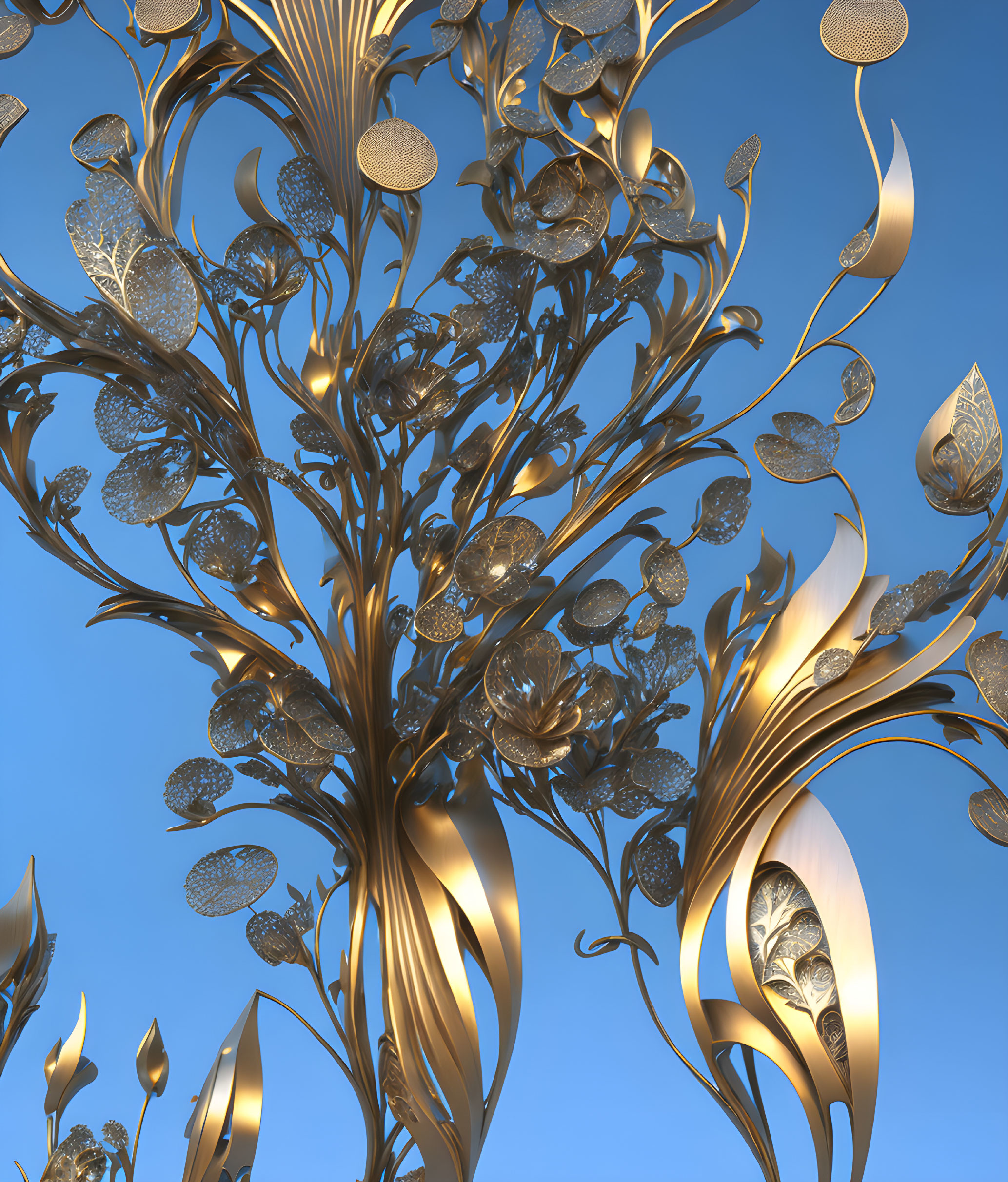 Digital Artwork: Intricate Golden Tree Against Blue Sky