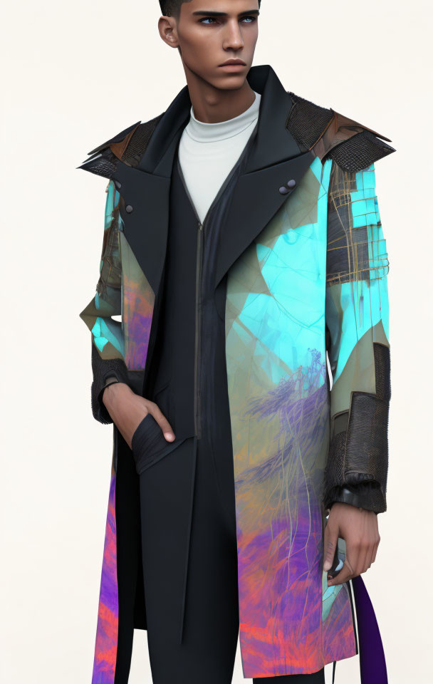 Futuristic digital artwork of man in iridescent coat & geometric shapes