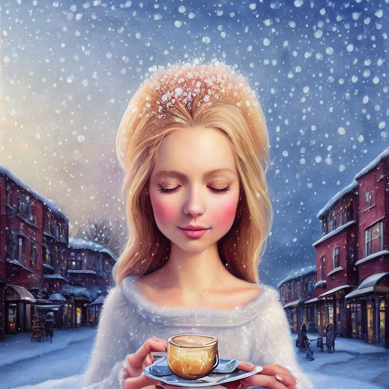 Woman with light hair holding coffee in snowy evening scene.